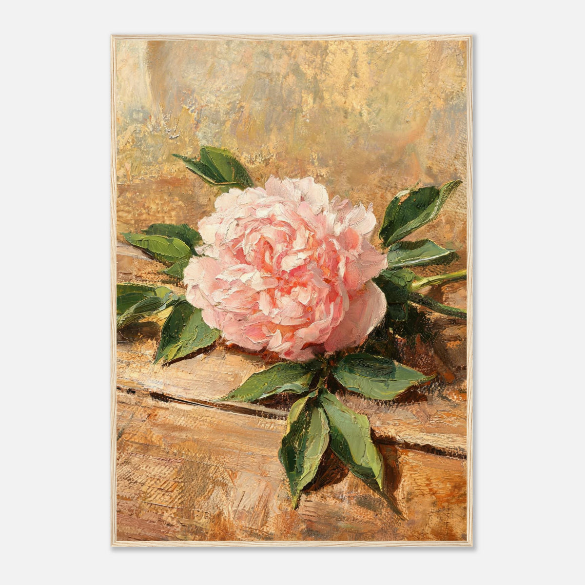 Single Pink Peony on Rustic Wood Impressionist Art Print