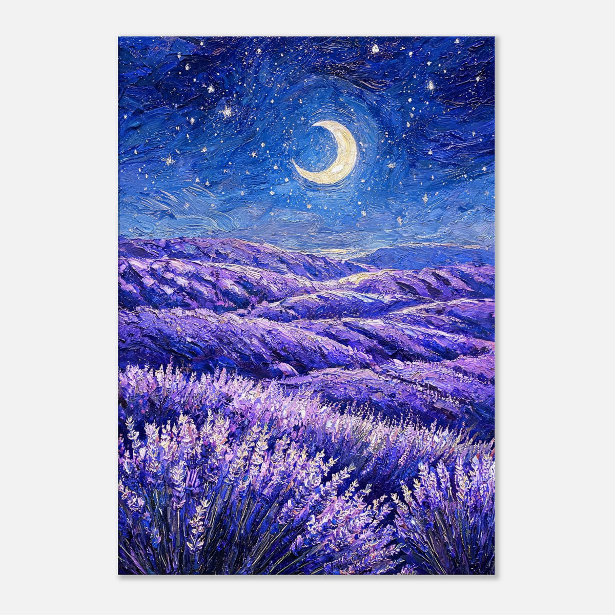Moonlit Lavender Field at Night Impressionist Art Print