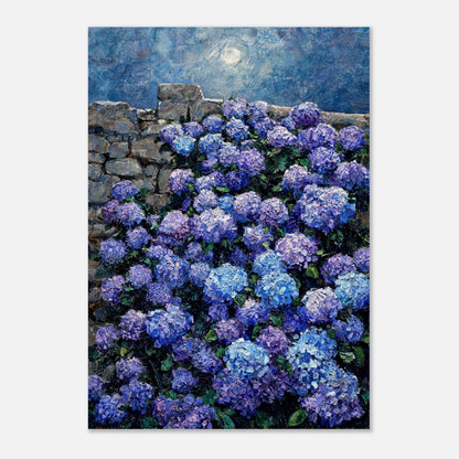 Moonlit Blue Hydrangeas by Stone Wall Impressionist Art Print