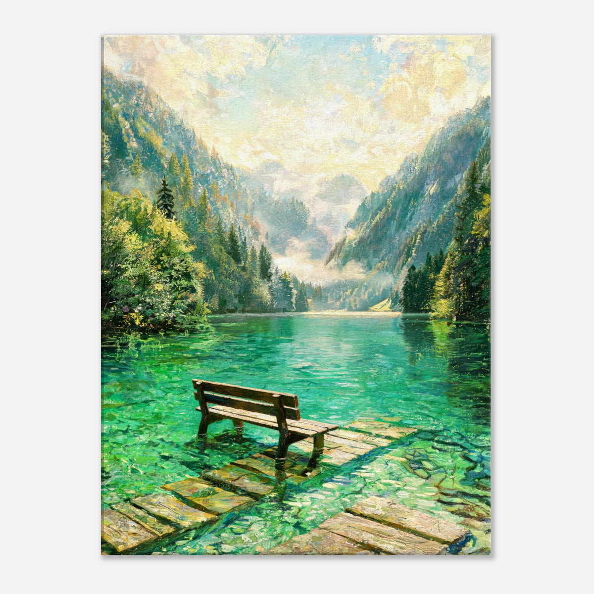Mountain Lake Pier and Wooden Bench Impressionist Art Print