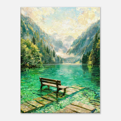 Mountain Lake Pier and Wooden Bench Impressionist Art Print