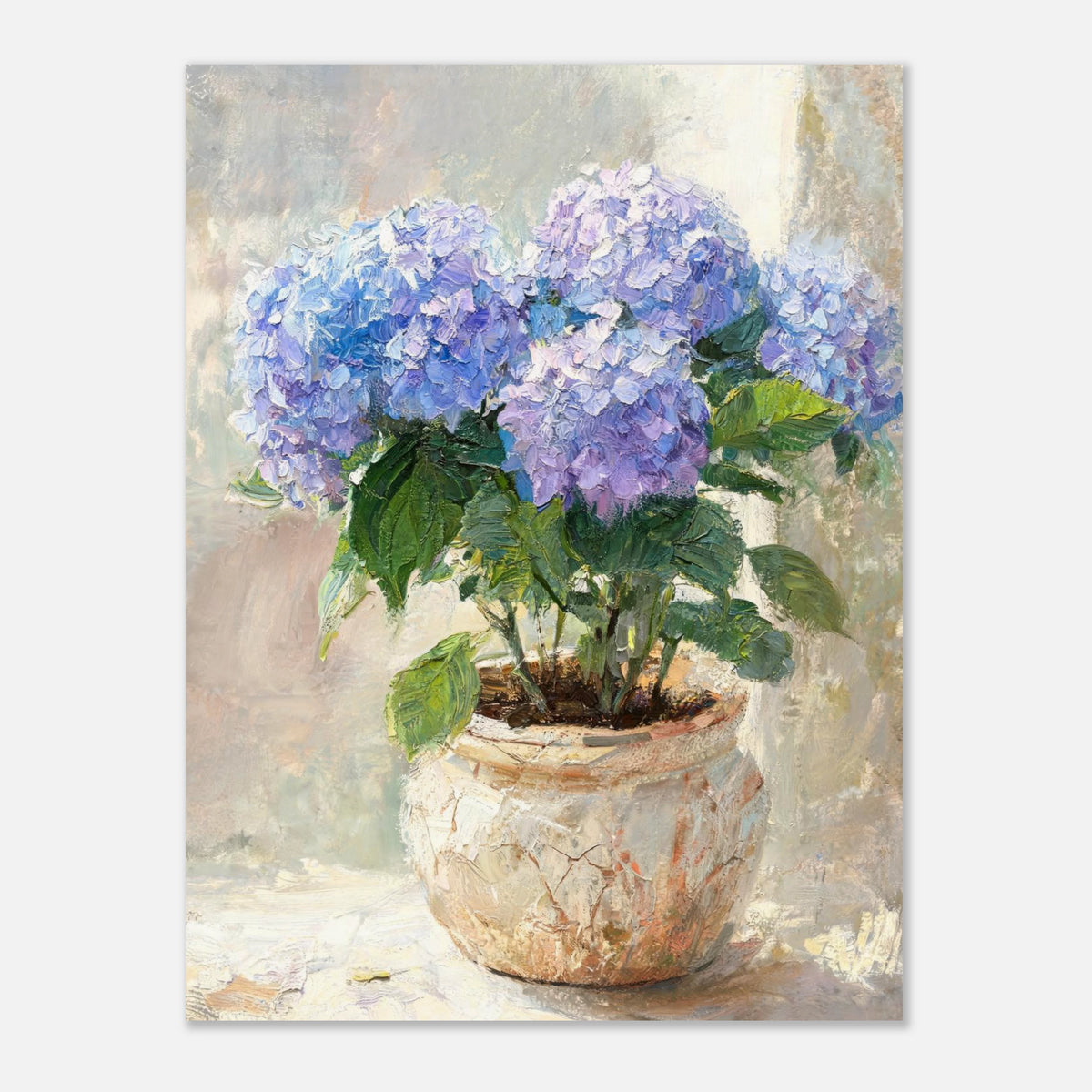 Blue Hydrangeas in Rustic Pot Impressionist Art Print