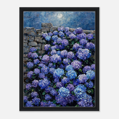 Moonlit Blue Hydrangeas by Stone Wall Impressionist Art Print