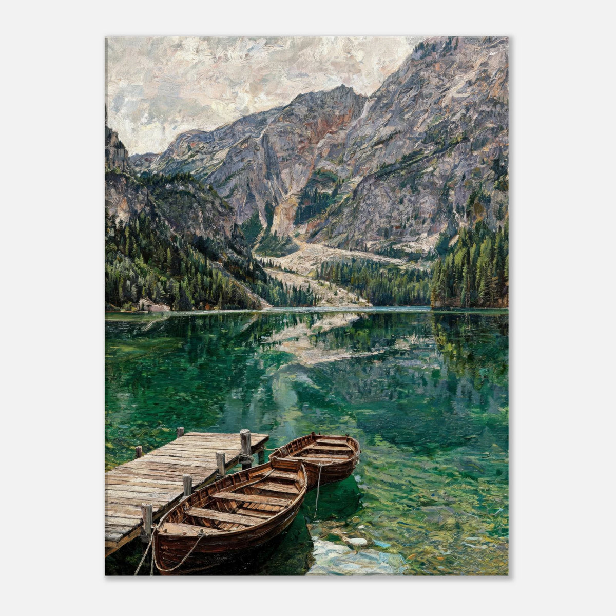 Wooden Boats on Alpine Lake Impressionist Art Print