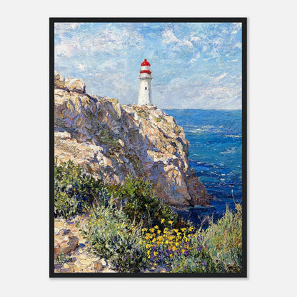 Impressionist oil painting print from Vintstep depicting a white lighthouse on a rocky cliff surrounded by yellow wildflowers overlooking a blue ocean.