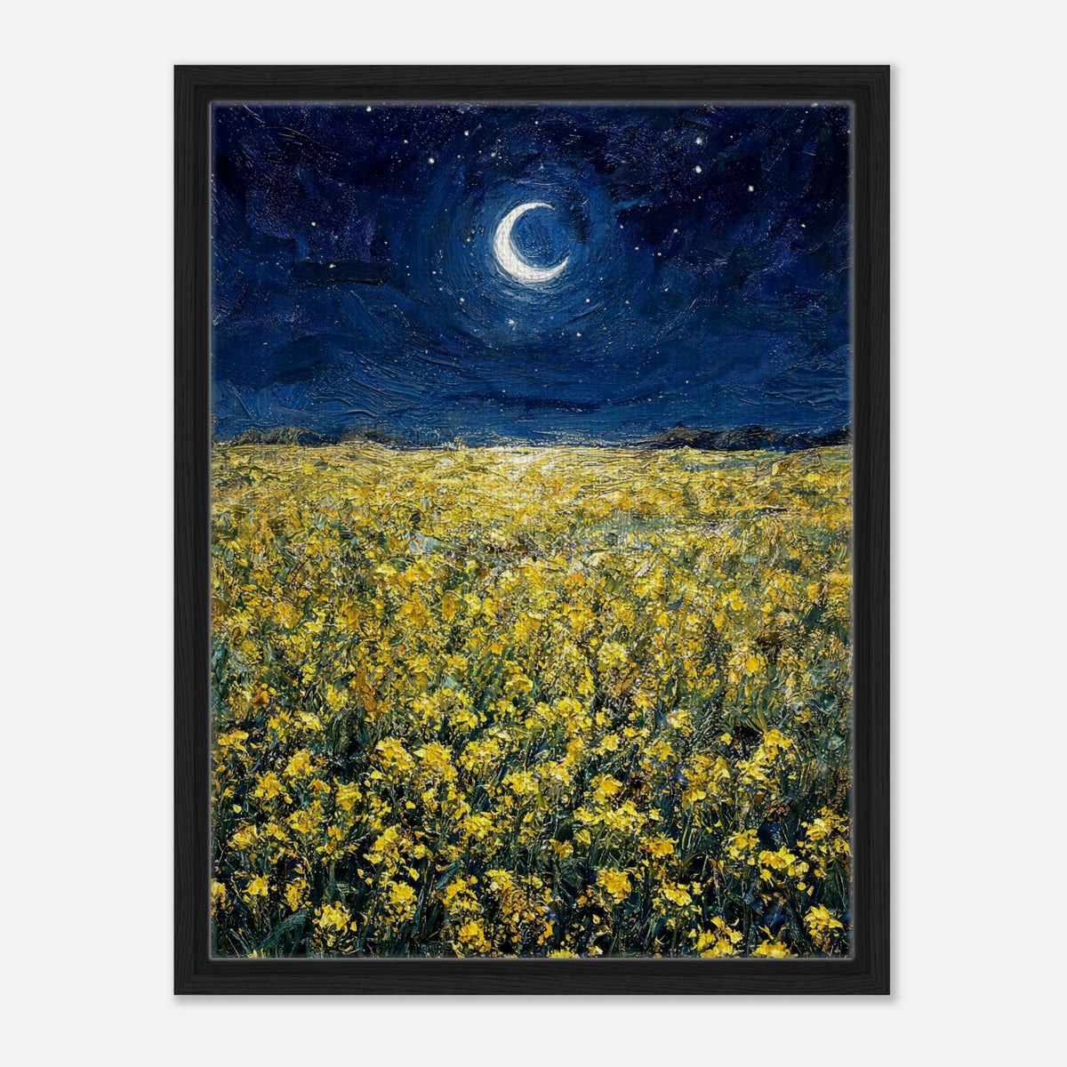 Impressionist art print from Vintstep depicting a vast field of yellow wildflowers blooming under a deep blue starry night sky with a glowing crescent moon and rich impasto brushstrokes.