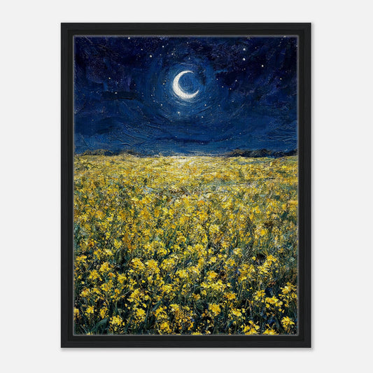 Impressionist art print from Vintstep depicting a vast field of yellow wildflowers blooming under a deep blue starry night sky with a glowing crescent moon and rich impasto brushstrokes.