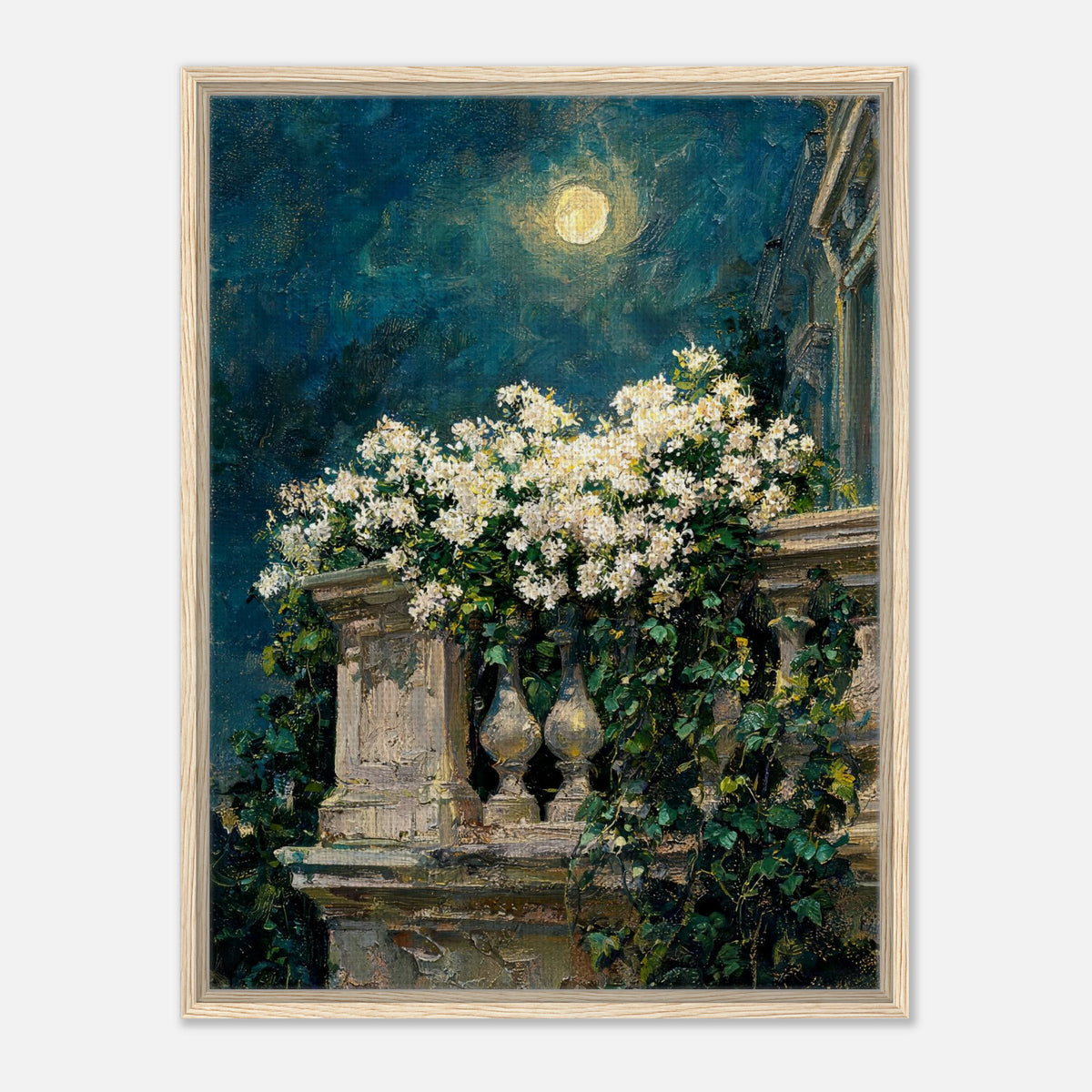 Moonlit White Blossoms Balcony Impressionist Art Print