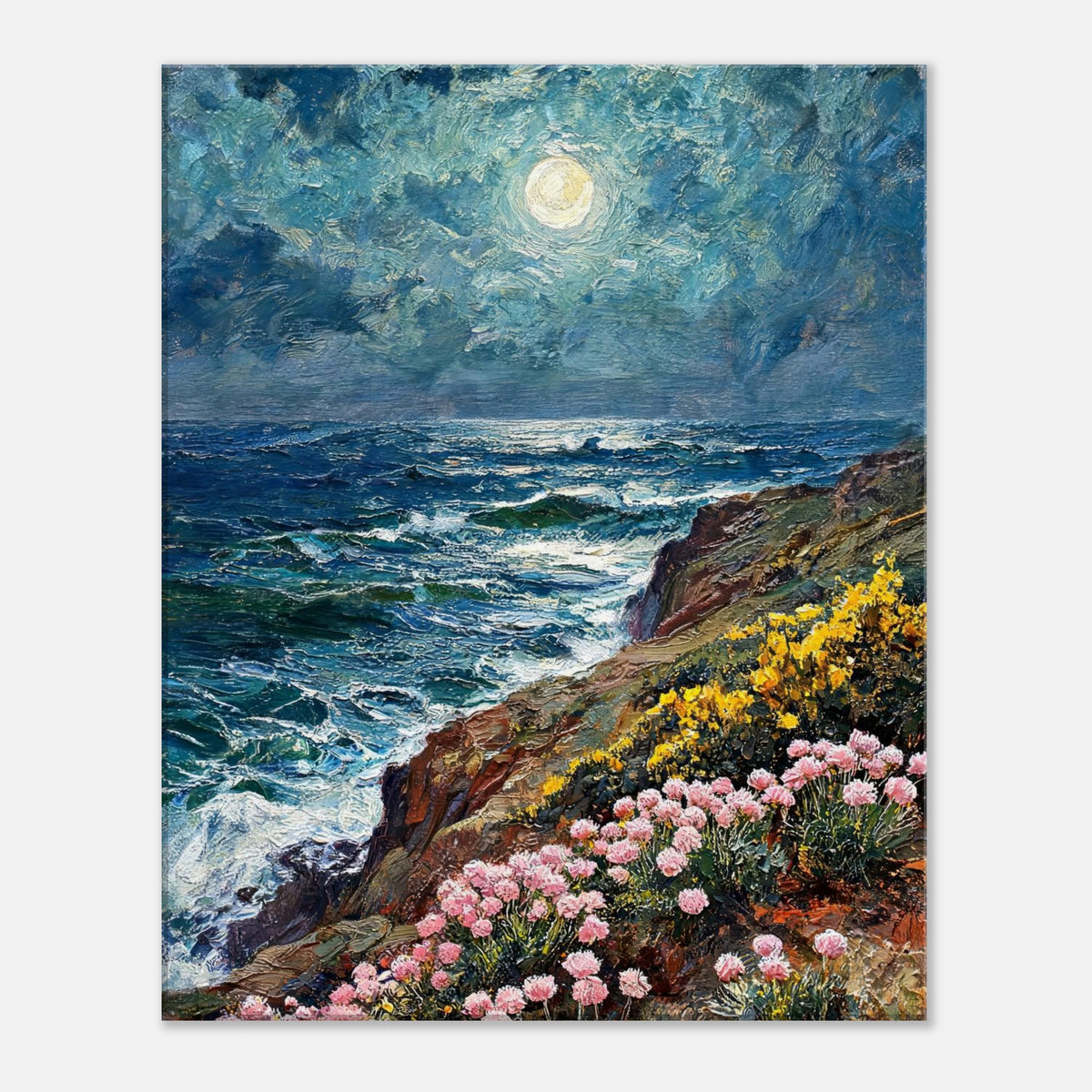 Moonlit Coastal Cliff Flowers Impressionist Art Print