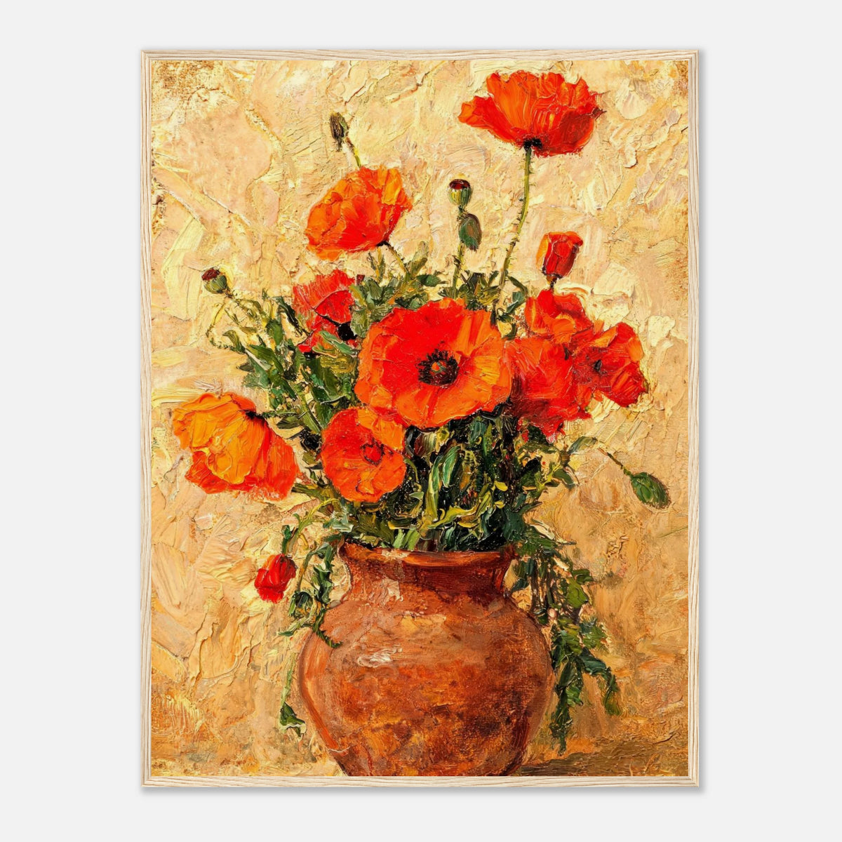 Vibrant Red Poppies in Terracotta Vase Impressionist Art Print