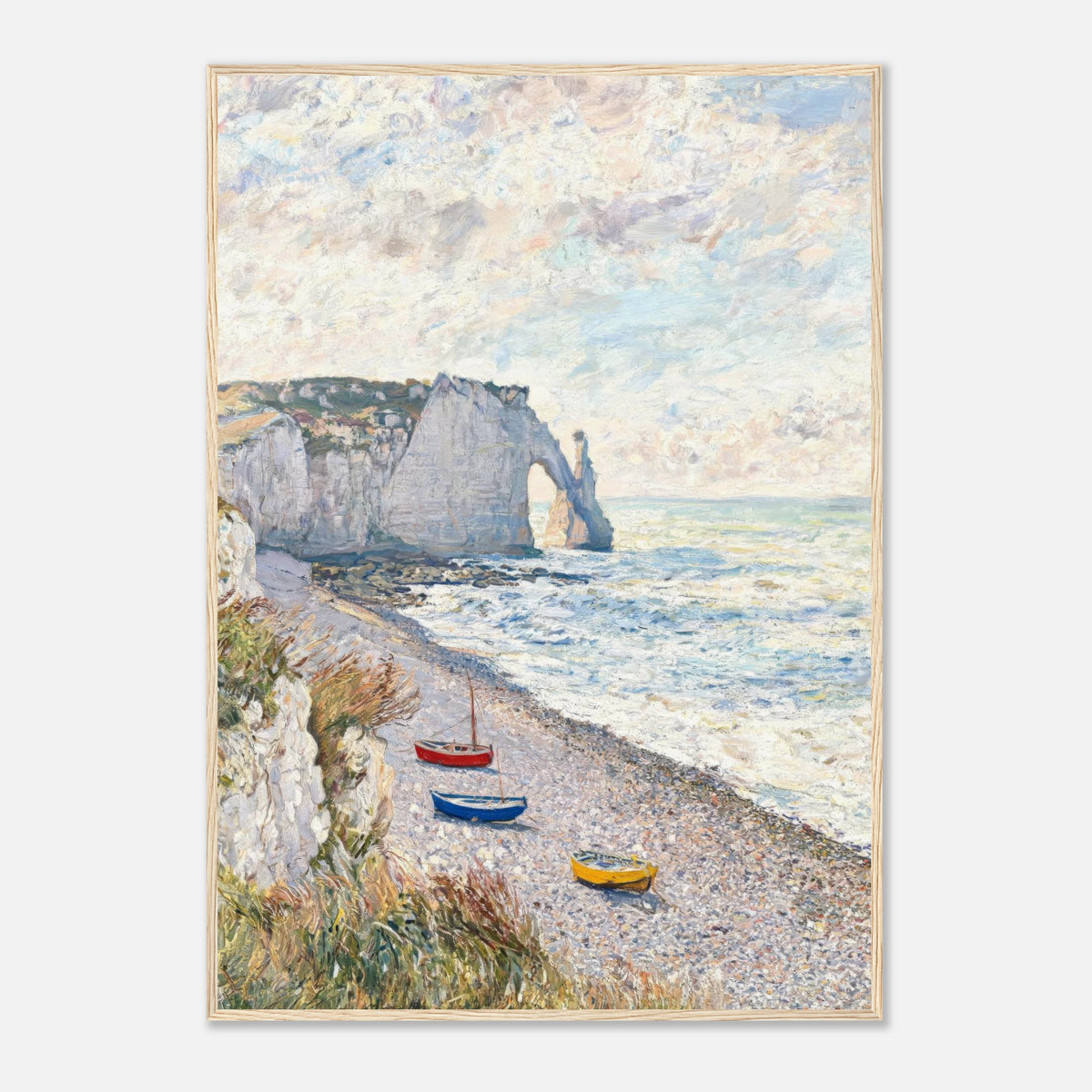 Coastal Cliff & Colorful Boats Impressionist Art Print