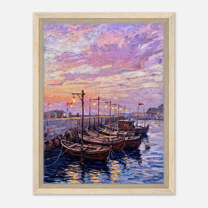 Coastal Harbor Twilight Wooden Boats Impressionist Art Print