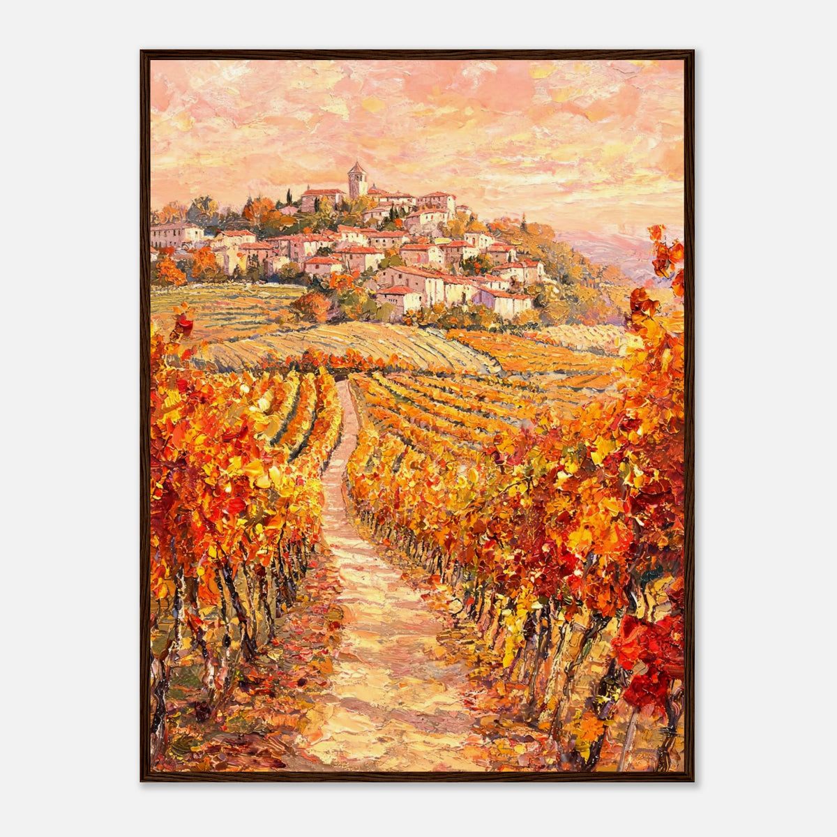 Autumn Vineyard Path Hilltop Village Impressionist Art Print