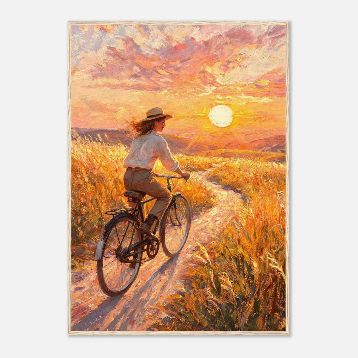 Cycling Through Golden Fields at Sunset Impressionist Art Print