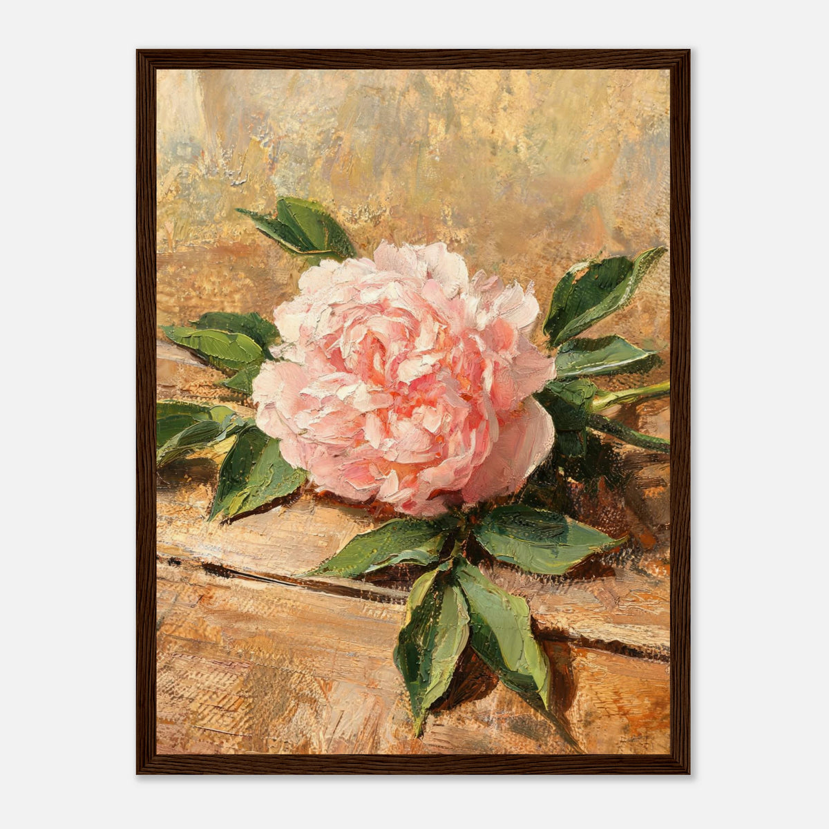 Single Pink Peony on Rustic Wood Impressionist Art Print
