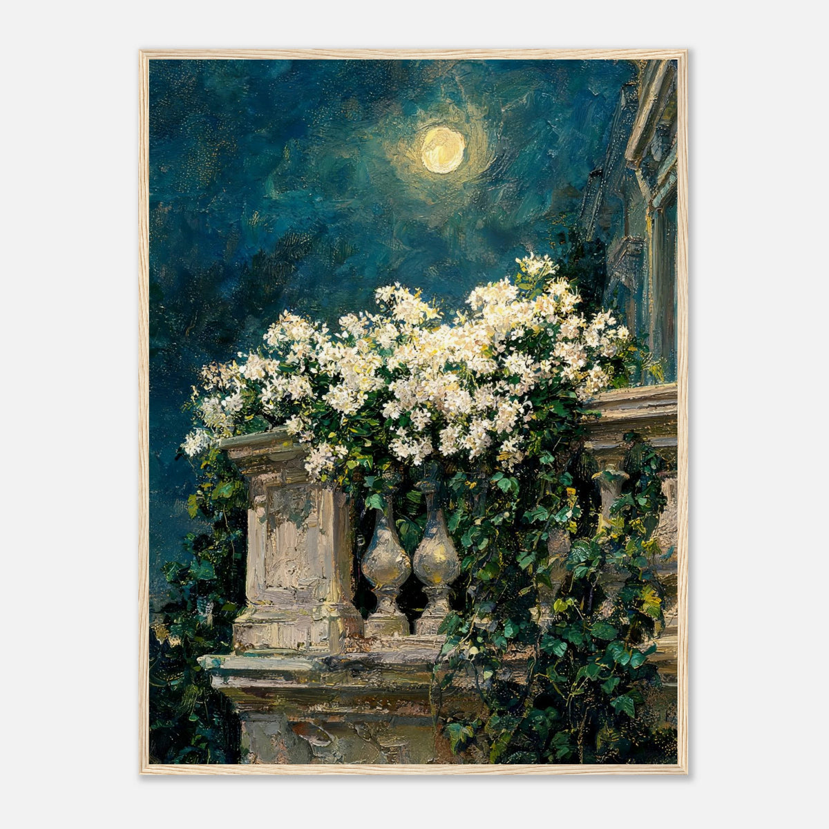 Moonlit White Blossoms Balcony Impressionist Art Print