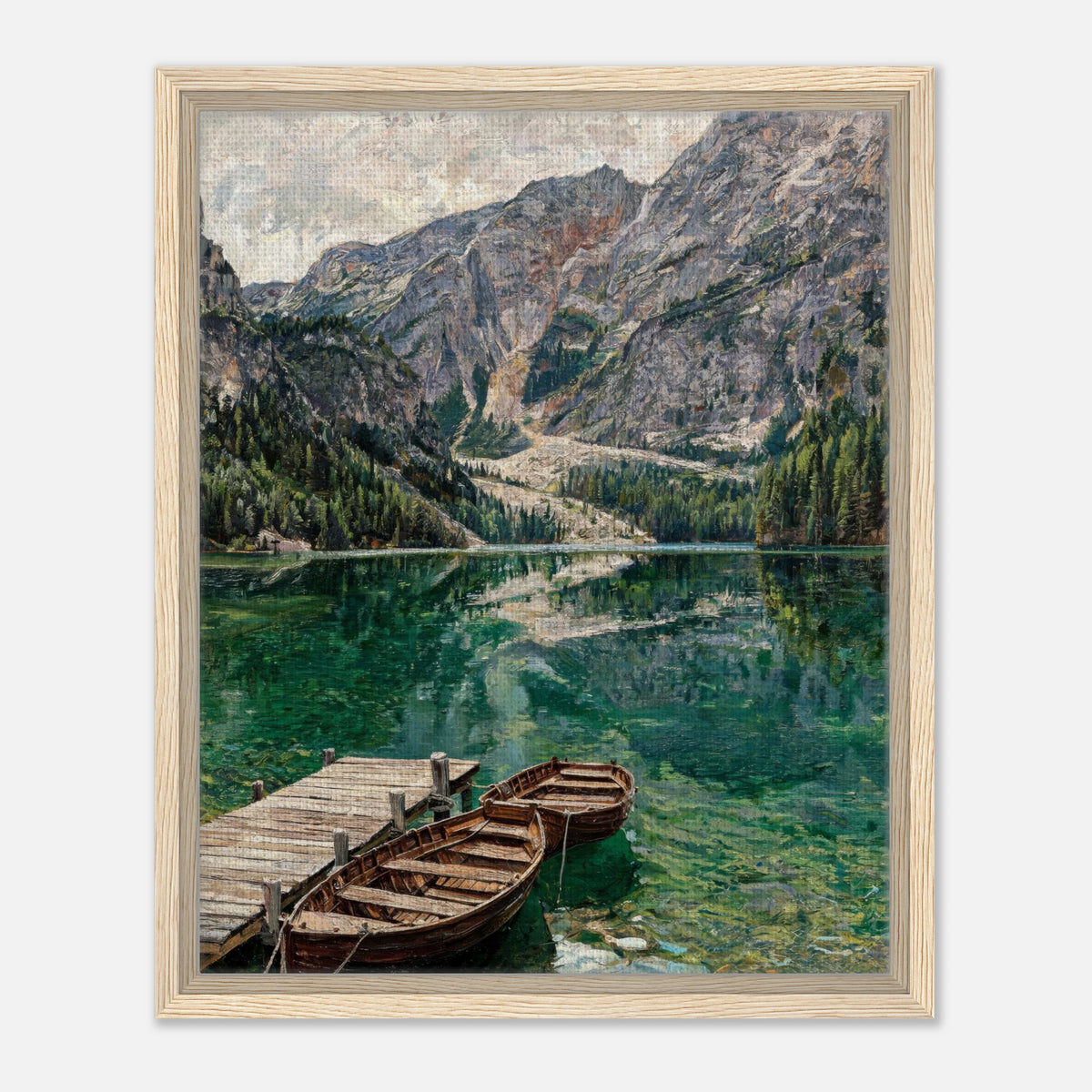 Wooden Boats on Alpine Lake Impressionist Art Print