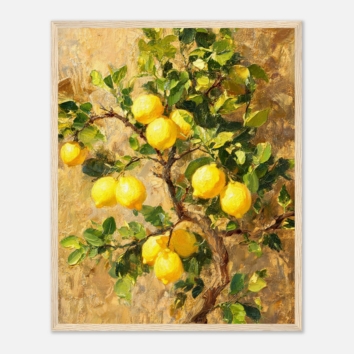 Wooden framed fine art print of an Impressionist lemon tree branch painting showcasing vibrant natural light and rich tactile textures. Nature wood frame.