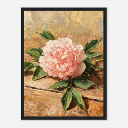Single Pink Peony on Rustic Wood Impressionist Art Print