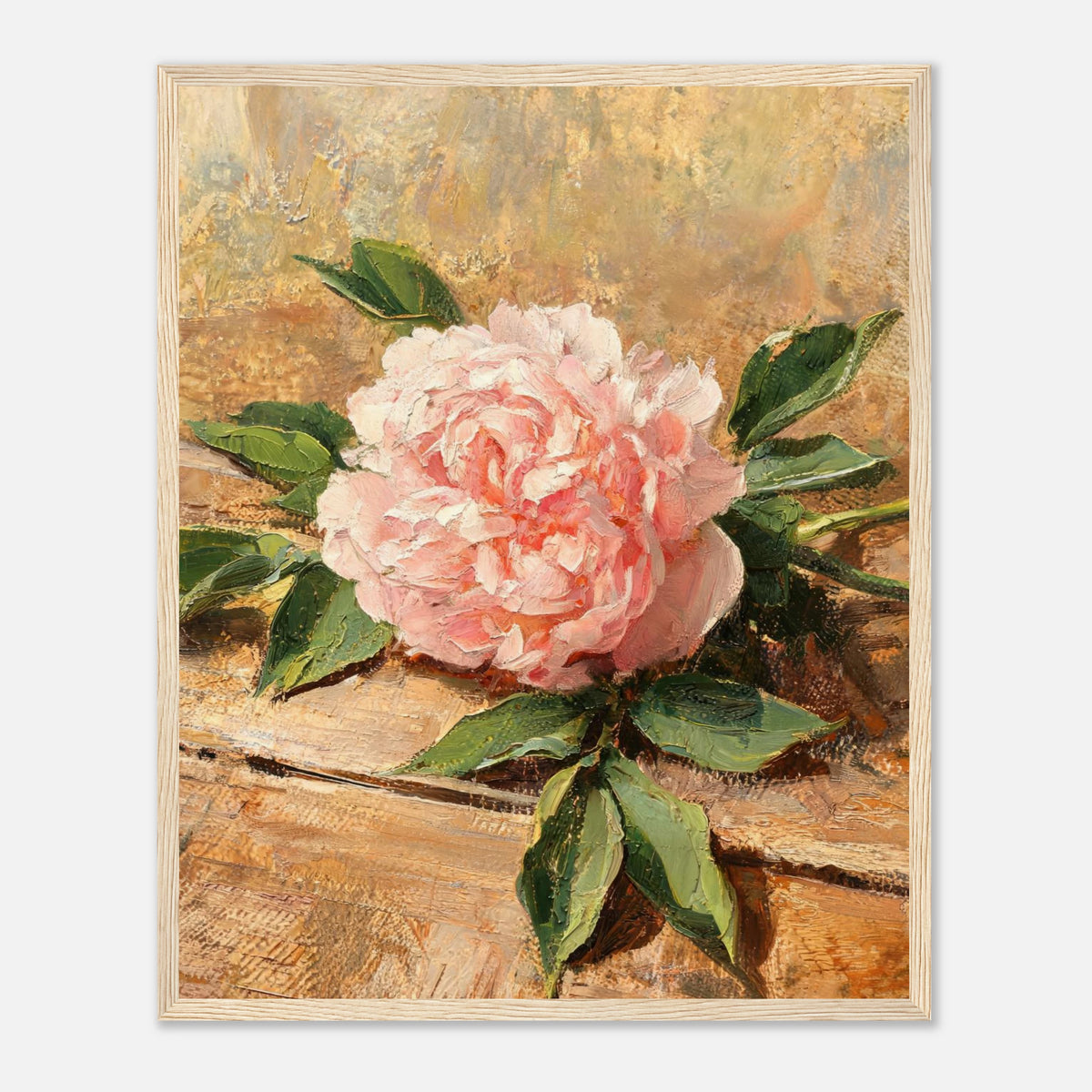 Single Pink Peony on Rustic Wood Impressionist Art Print