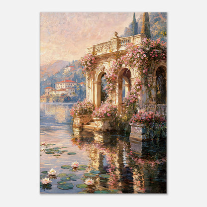 Sunlit Lakeside Villa & Roses Impressionist Art Print