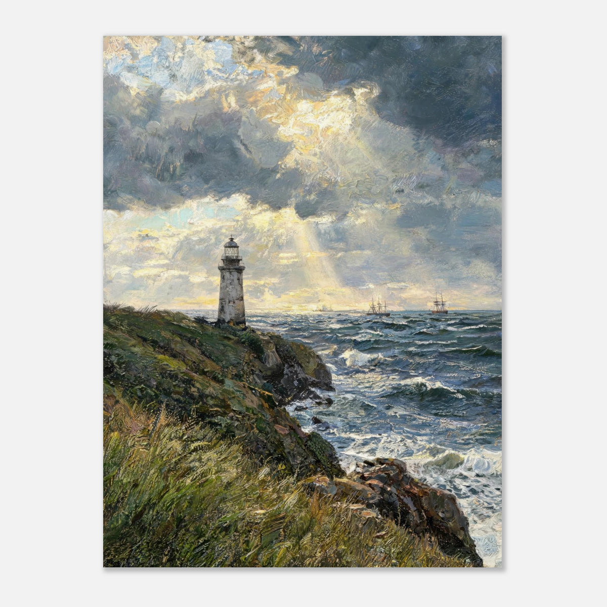 Coastal Lighthouse at Stormy Sunset Impressionist Art Print