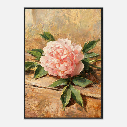 Single Pink Peony on Rustic Wood Impressionist Art Print