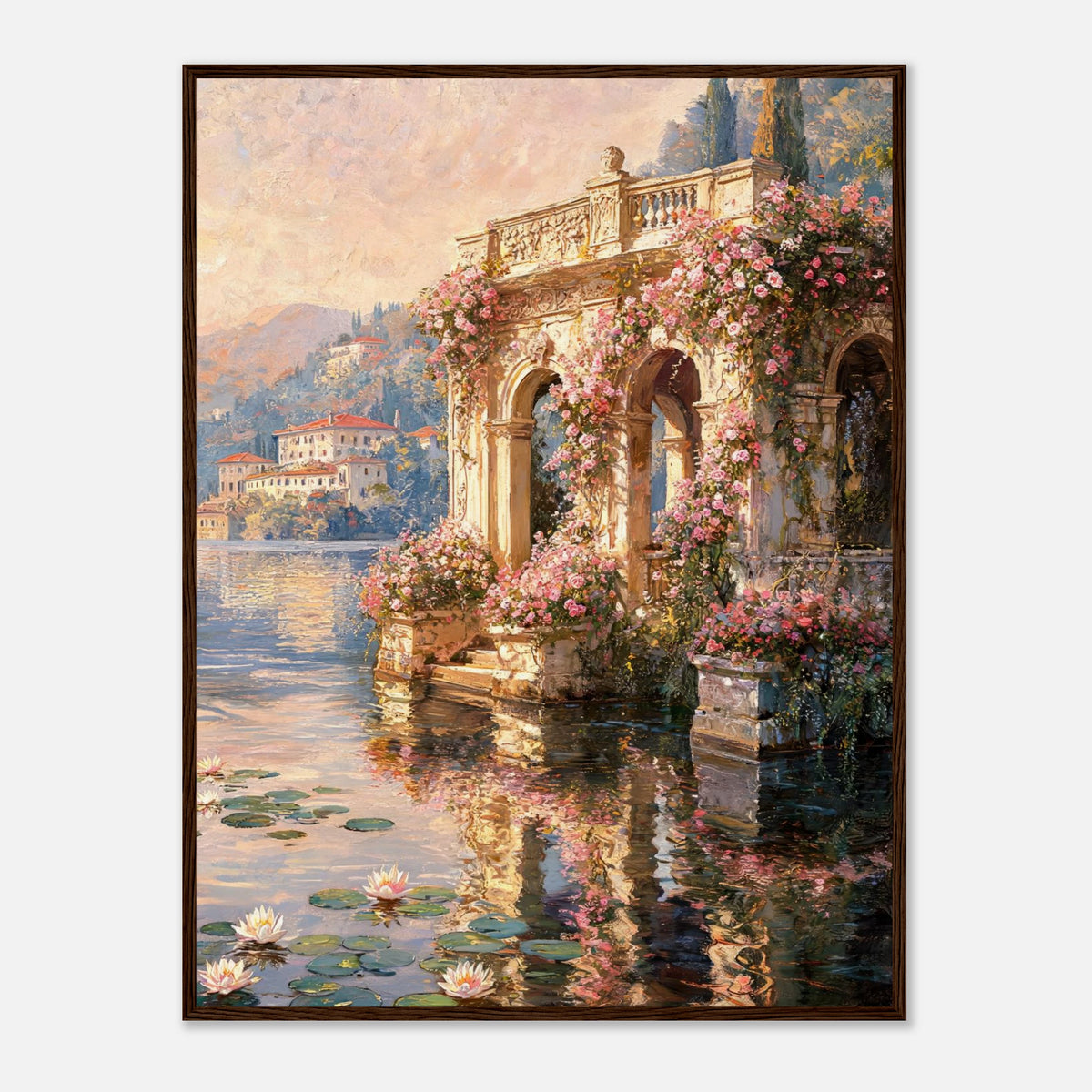 Sunlit Lakeside Villa & Roses Impressionist Art Print