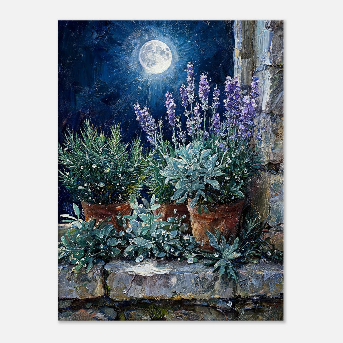 Moonlit Potted Lavender by Stone Window Impressionist Art Print