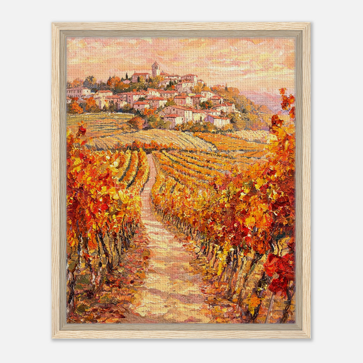 Autumn Vineyard Path Hilltop Village Impressionist Art Print