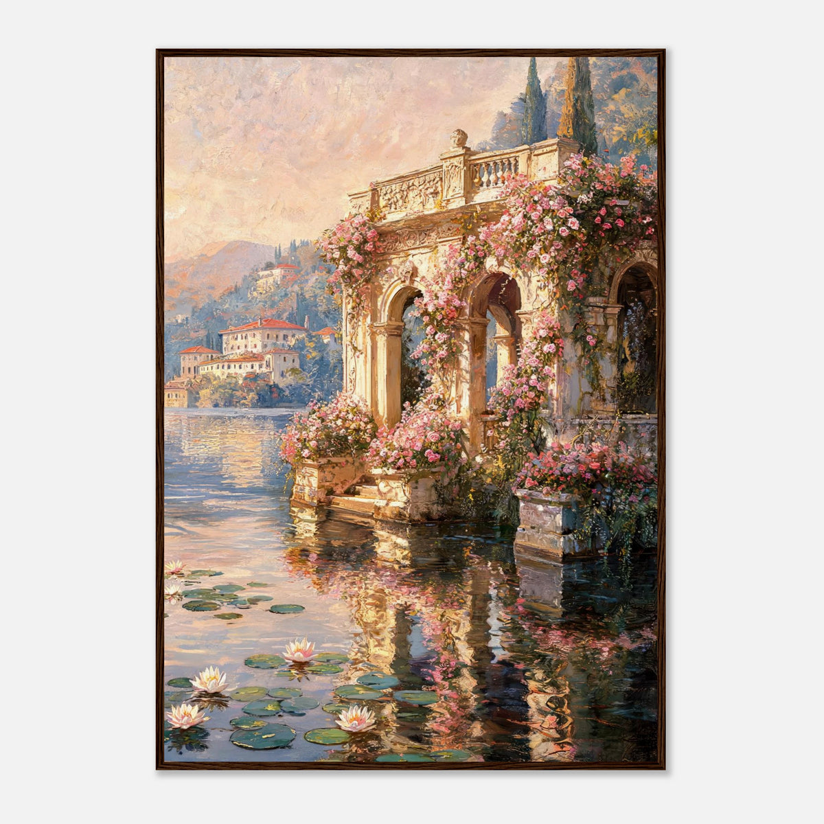 Sunlit Lakeside Villa & Roses Impressionist Art Print