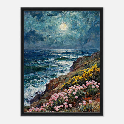 Moonlit Coastal Cliff Flowers Impressionist Art Print