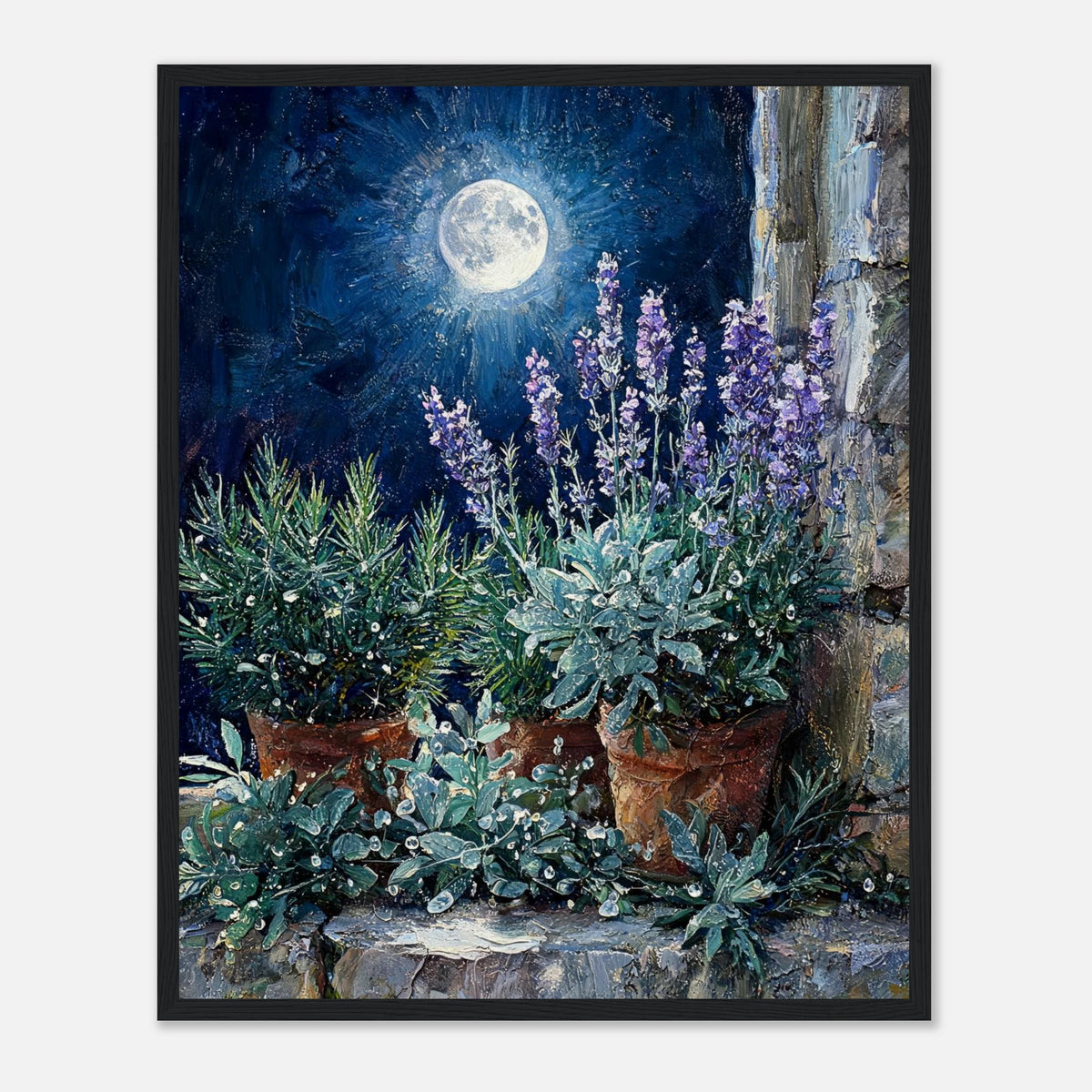 Moonlit Potted Lavender by Stone Window Impressionist Art Print