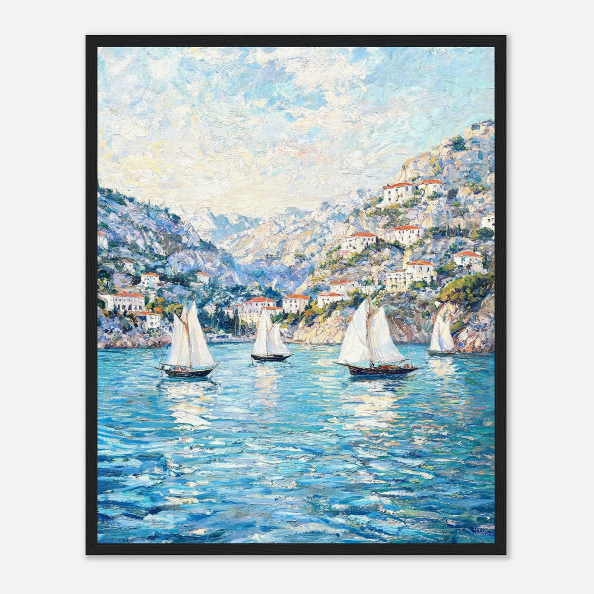 Framed Mediterranean Sailboats in Coastal Bay Art Print
