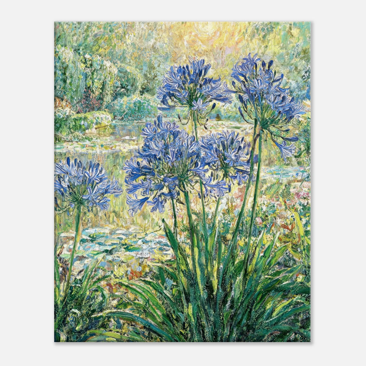 Blue Agapanthus & Sunlit Garden Impressionist Art Print