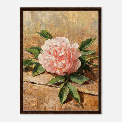 Single Pink Peony on Rustic Wood Impressionist Art Print