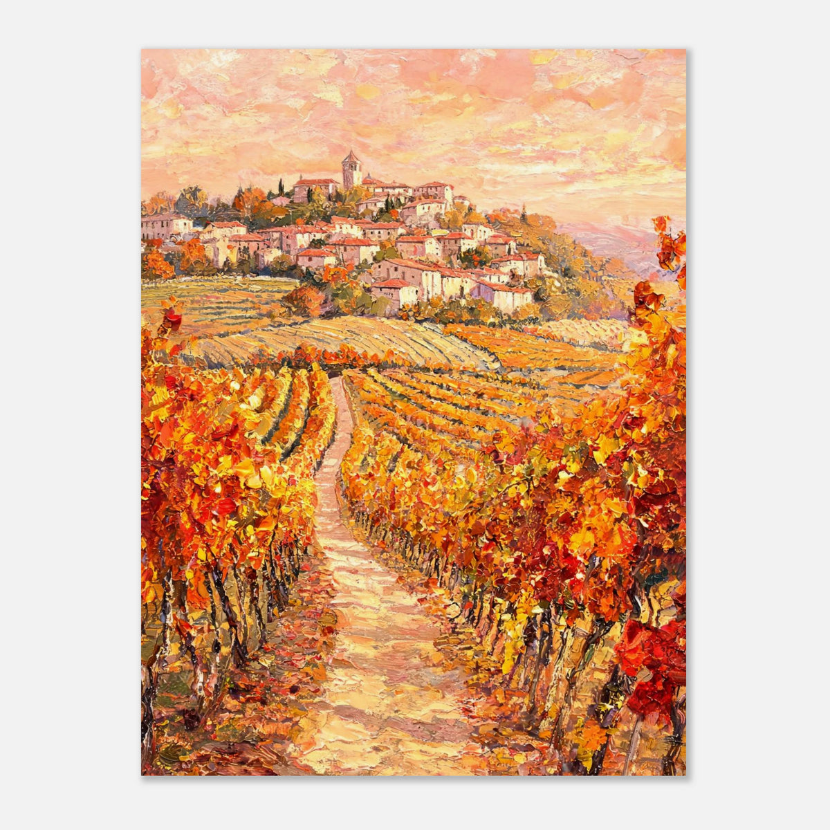 Autumn Vineyard Path Hilltop Village Impressionist Art Print