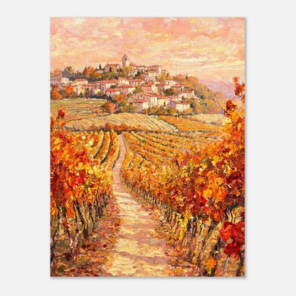Autumn Vineyard Path Hilltop Village Impressionist Art Print