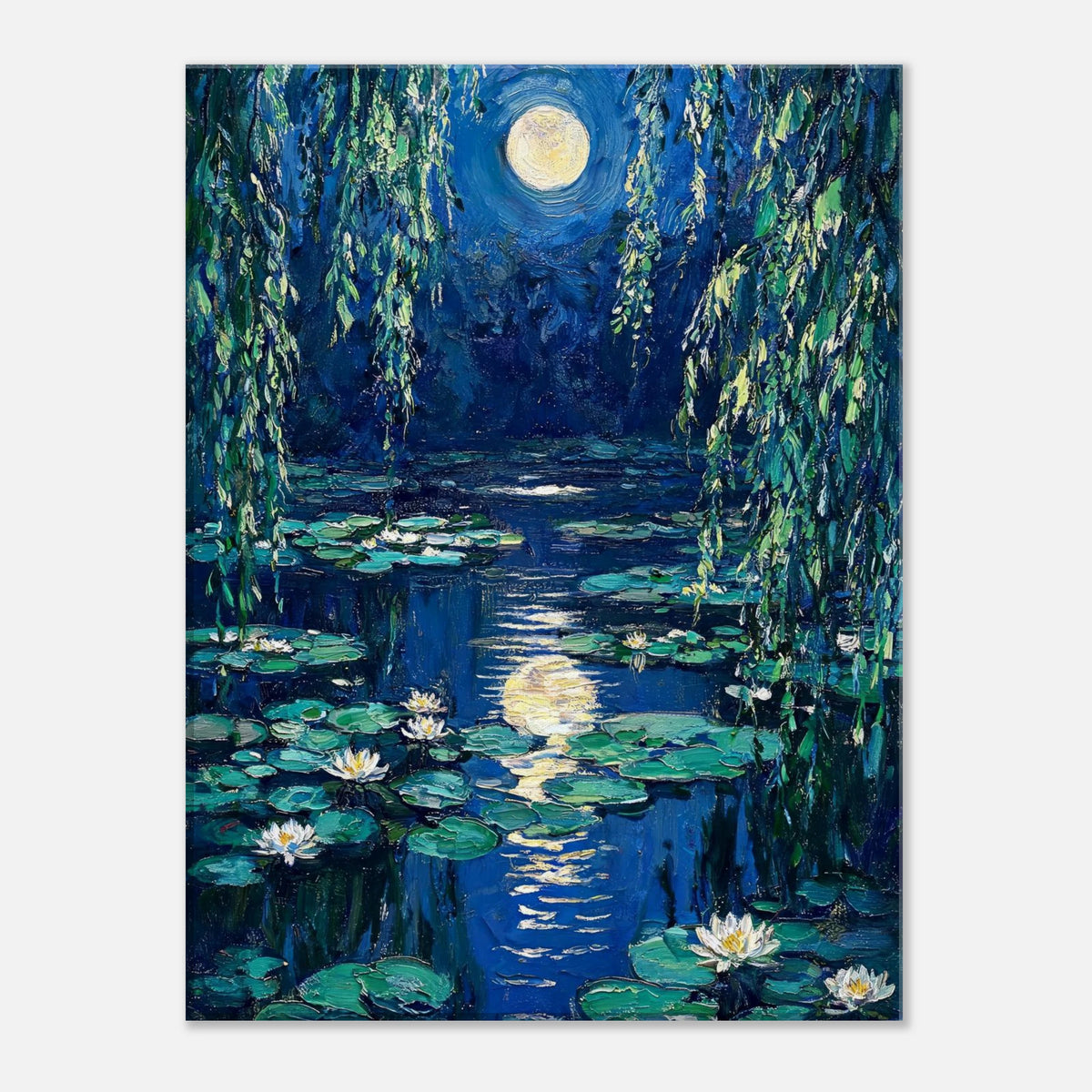 Moonlit Water Lilies Pond Impressionist Art Print