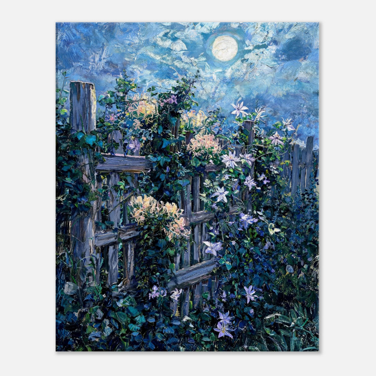 Moonlit Garden Fence Flowers Impressionist Art Print