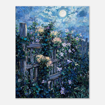 Moonlit Garden Fence Flowers Impressionist Art Print