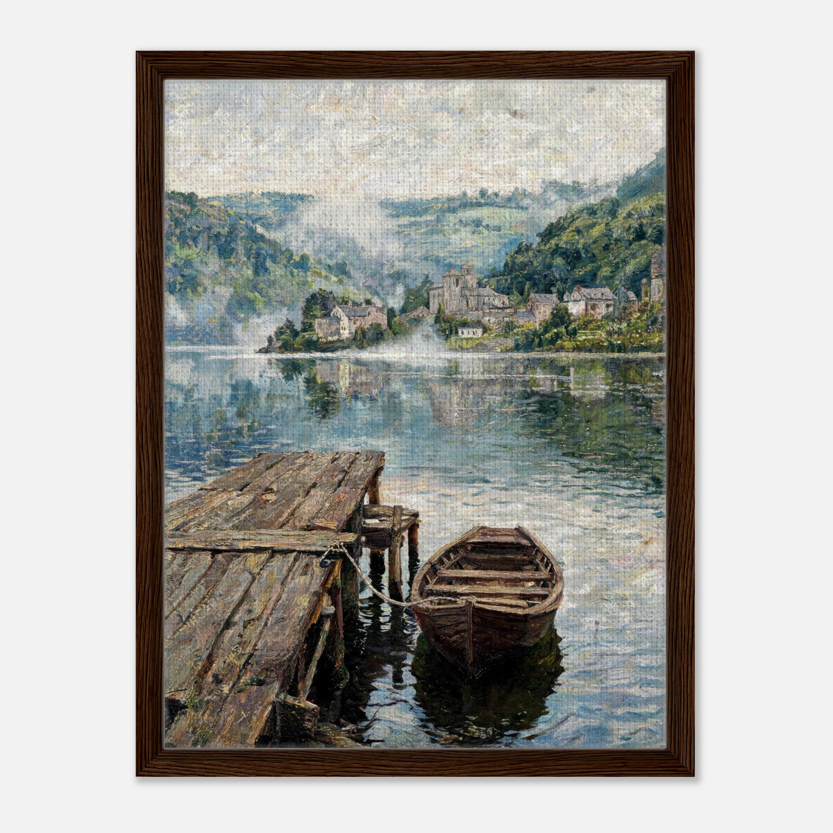 Misty Mountain Lake Wooden Boat Impressionist Art Print