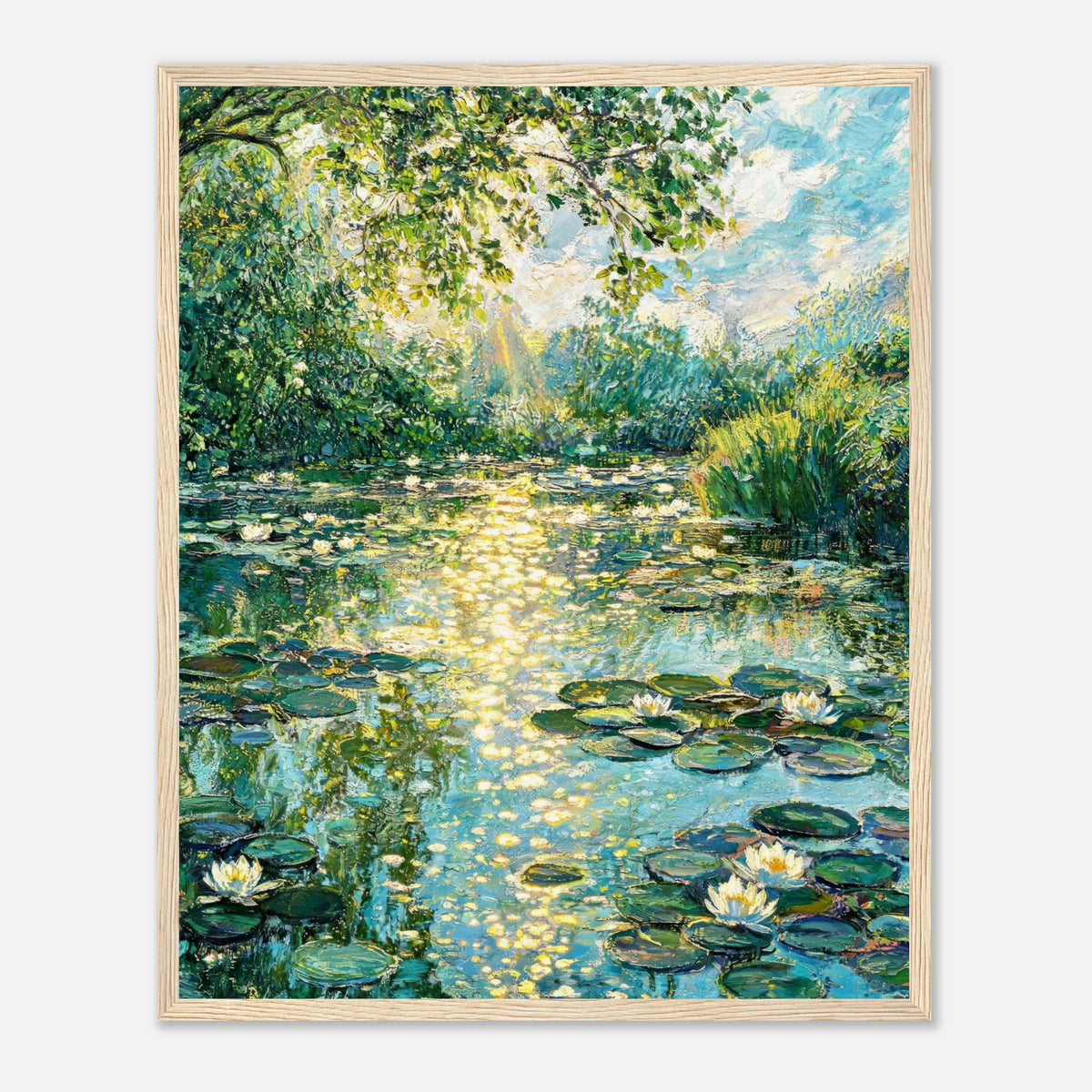 Sunlit Water Lilies & Shimmering Pond Impressionist Art Print