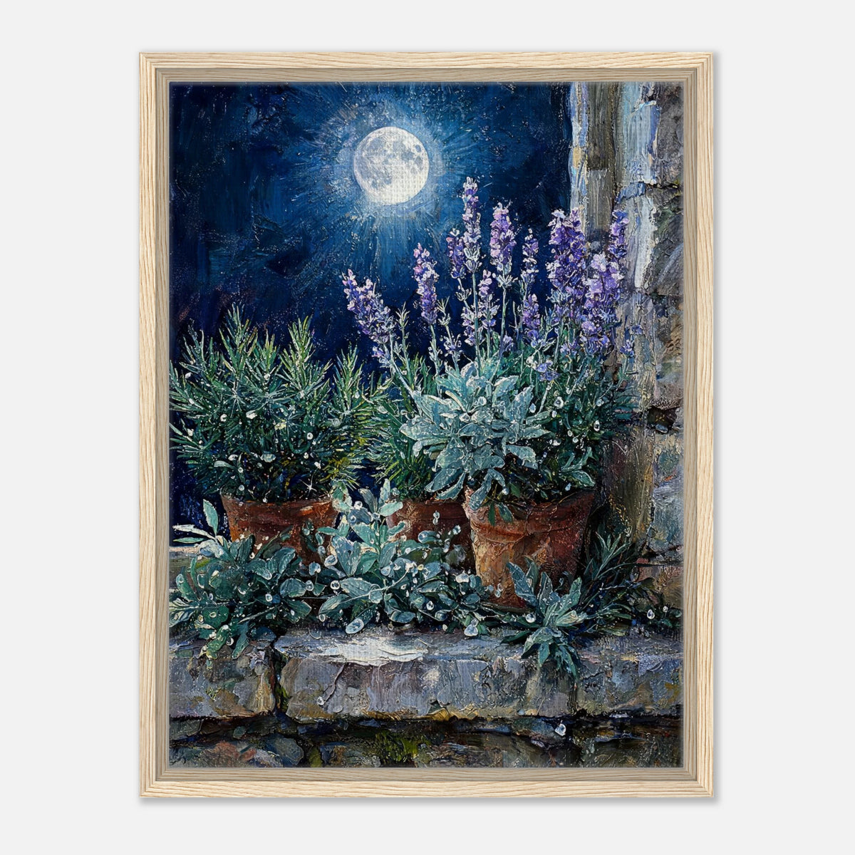Moonlit Potted Lavender by Stone Window Impressionist Art Print