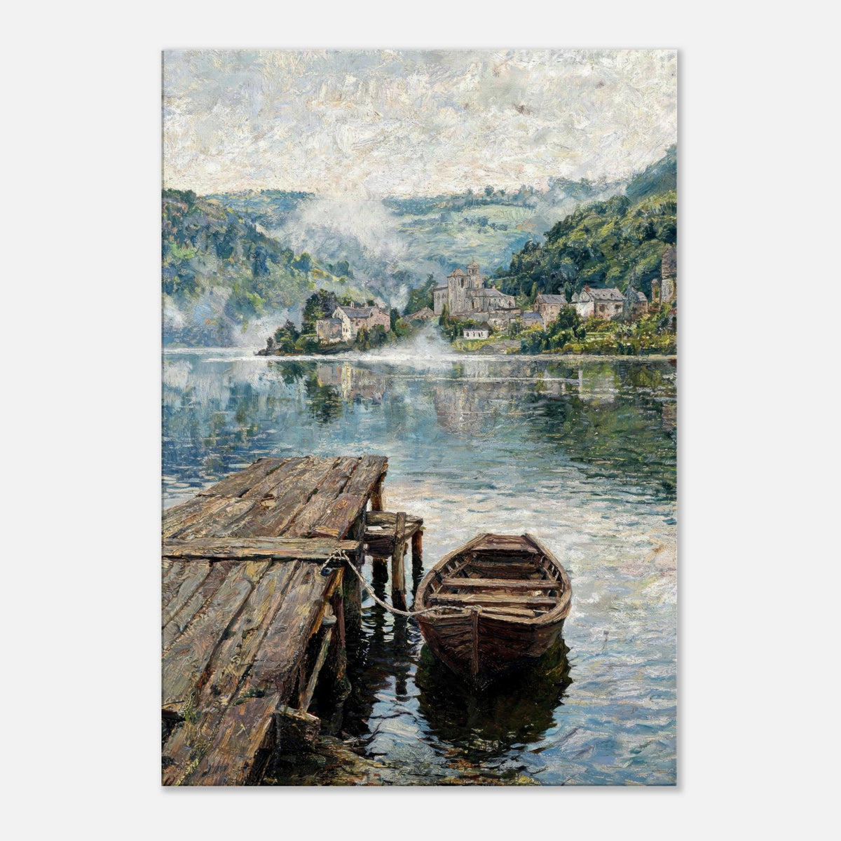 Misty Mountain Lake Wooden Boat Impressionist Art Print