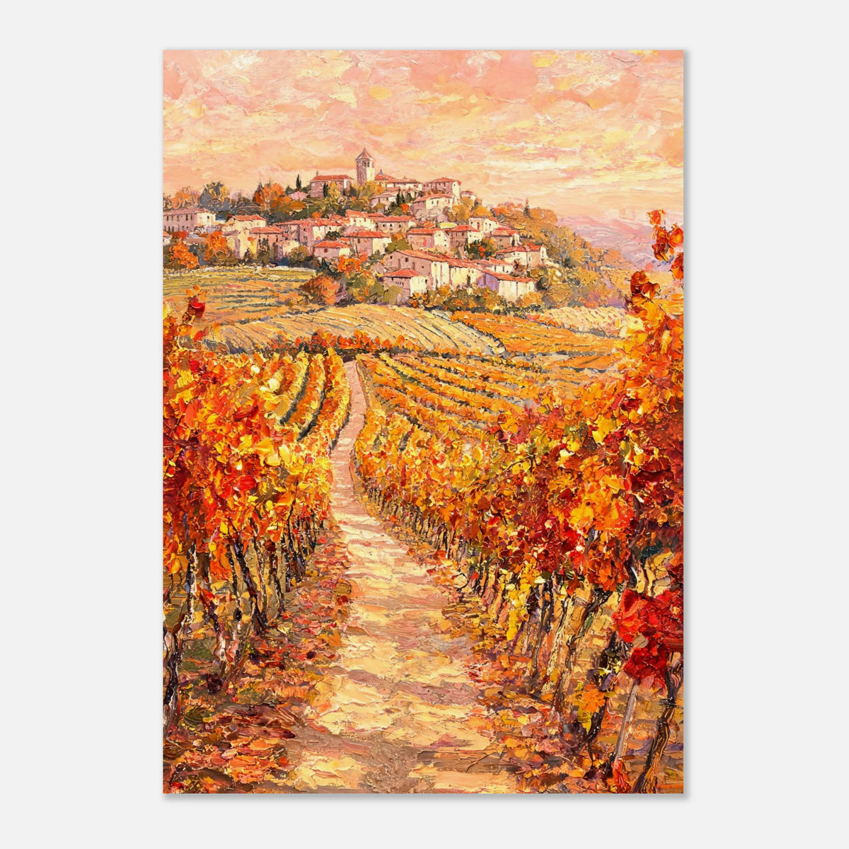 Autumn Vineyard Path Hilltop Village Impressionist Art Print