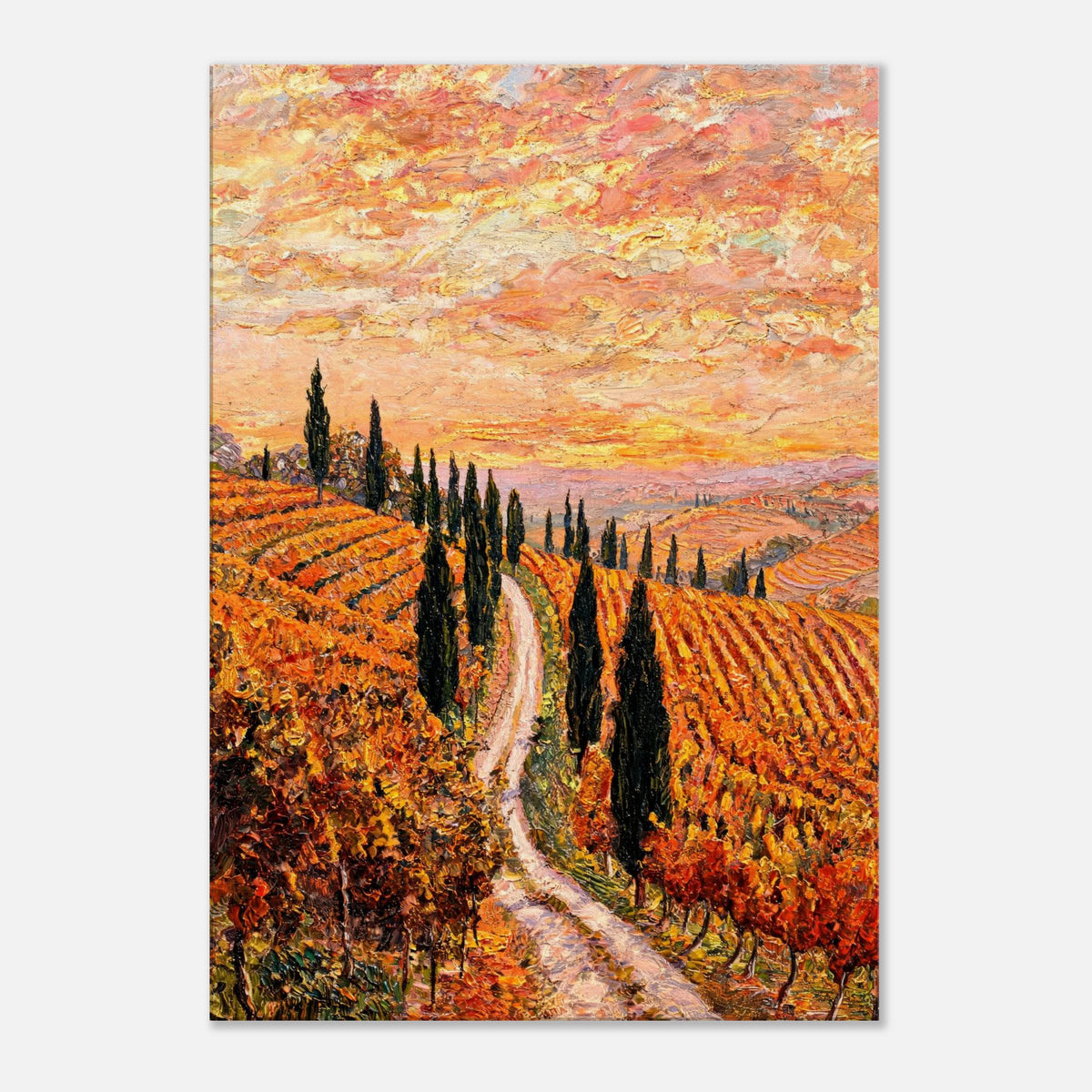 Tuscan Cypress Road Autumn Vineyard Impressionist Art Print