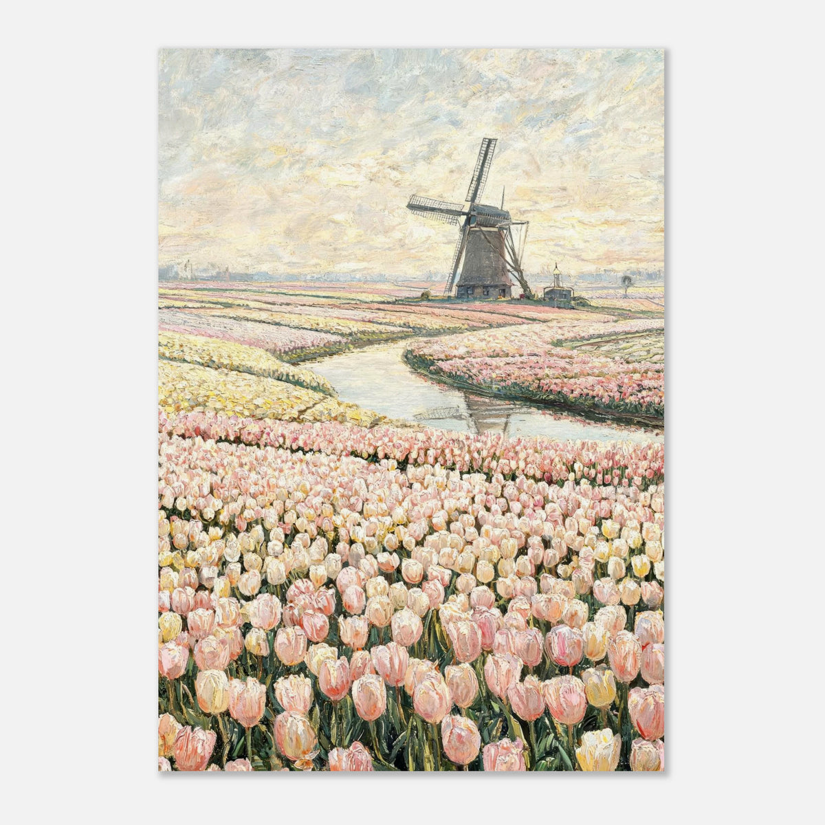 Dutch Tulip Fields & Windmill Impressionist Art Print