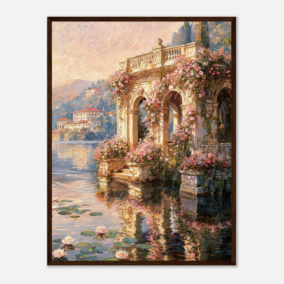 Sunlit Lakeside Villa & Roses Impressionist Art Print
