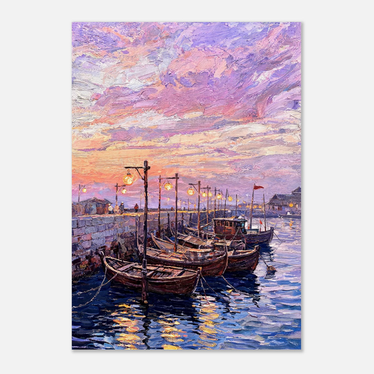 Coastal Harbor Twilight Wooden Boats Impressionist Art Print